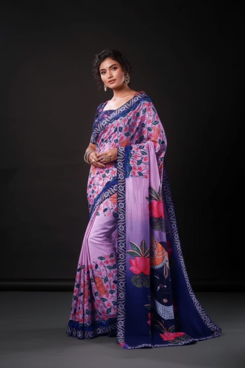 Lavender Floral Artwork Satin Print Saree
