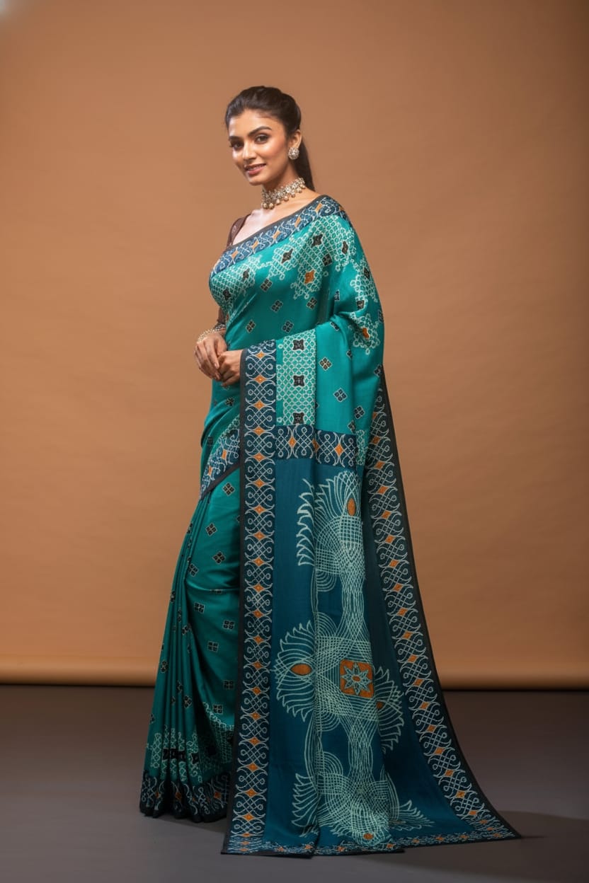 Geometric Peacock Satin Print Saree