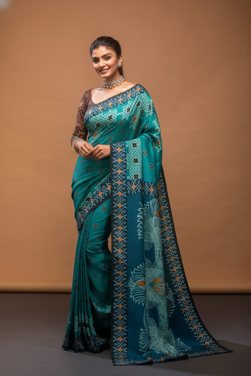 Geometric Peacock Satin Print Saree