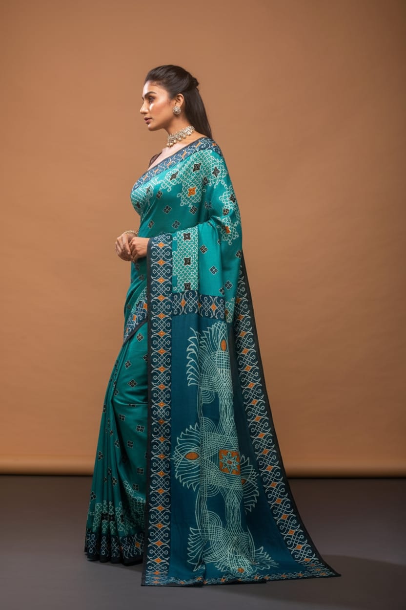Geometric Peacock Satin Print Saree