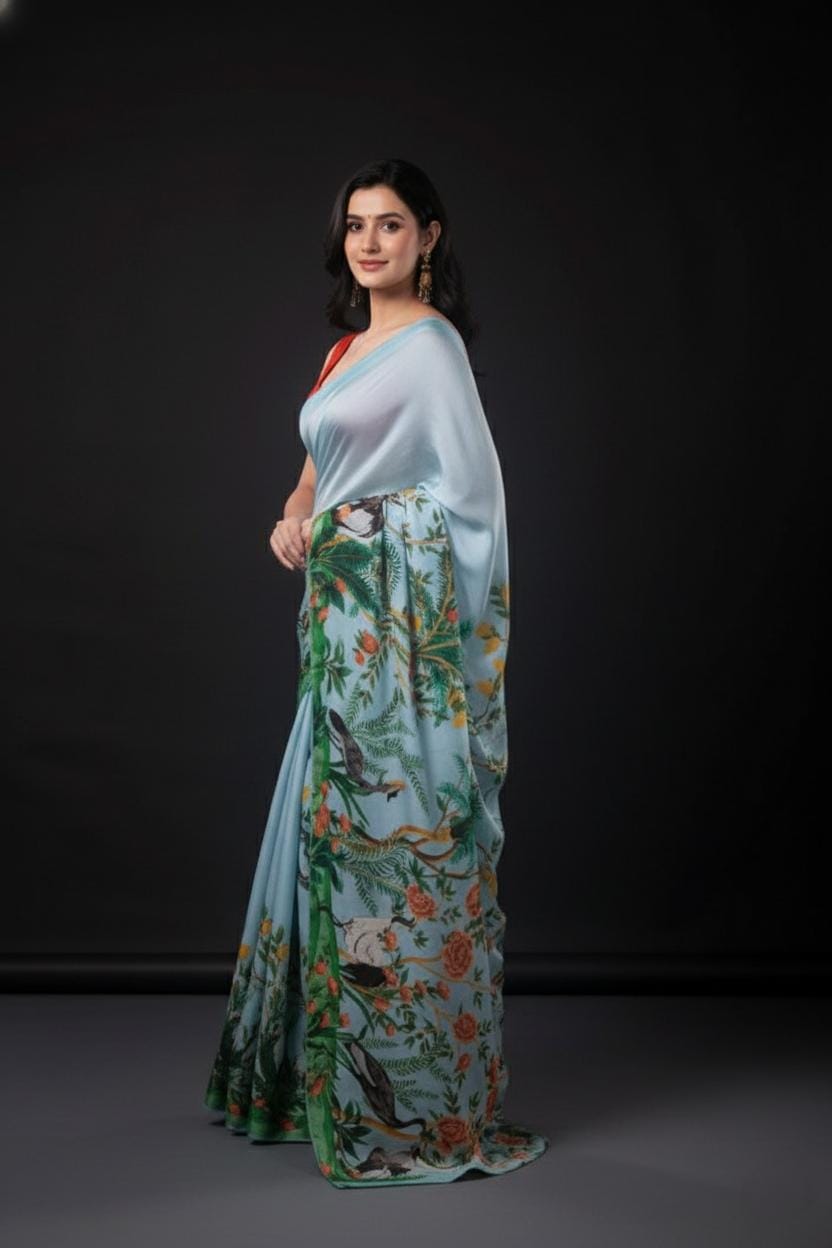 Extravagant Blue Peacock Satin Print Saree