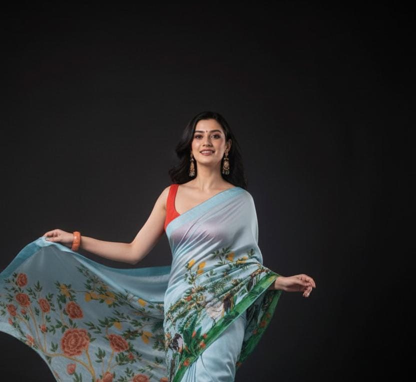 Extravagant Blue Peacock Satin Print Saree