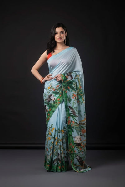Extravagant Blue Peacock Satin Print Saree