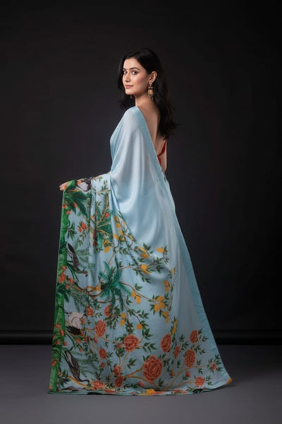 Extravagant Blue Peacock Satin Print Saree