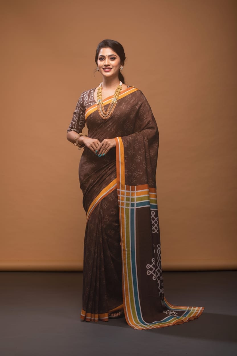 Earthy Elegance Satin Print Saree