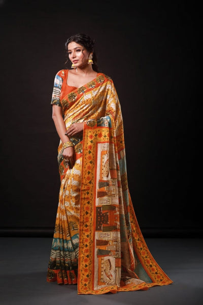 Monumental Orange Artwork Satin Print Saree