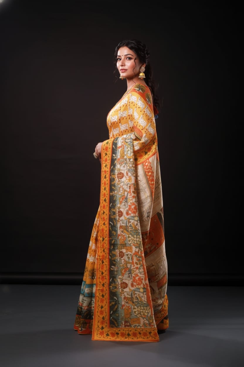 Monumental Orange Artwork Satin Print Saree