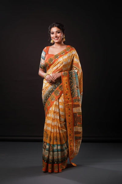 Monumental Orange Artwork Satin Print Saree