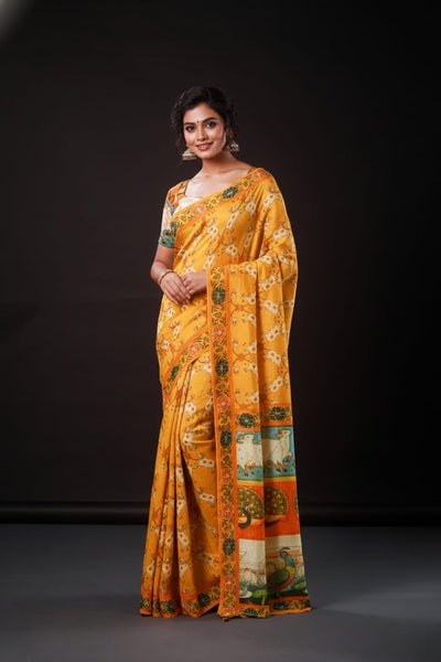 Elegant Orange Artwork Satin Print Saree