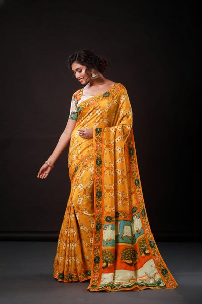 Elegant Orange Artwork Satin Print Saree