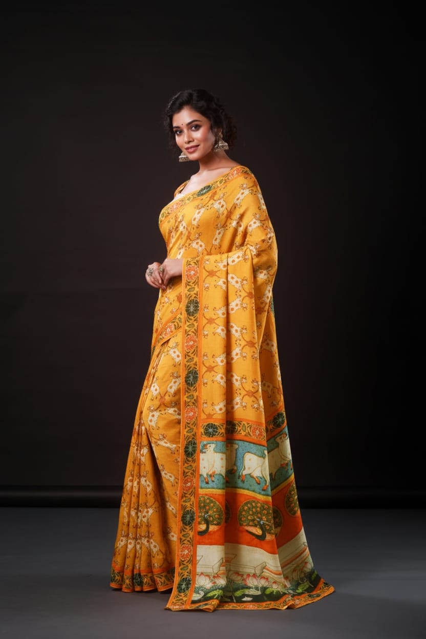 Elegant Orange Artwork Satin Print Saree