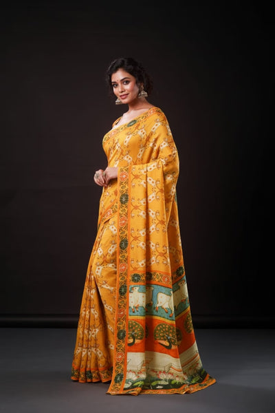 Elegant Orange Artwork Satin Print Saree
