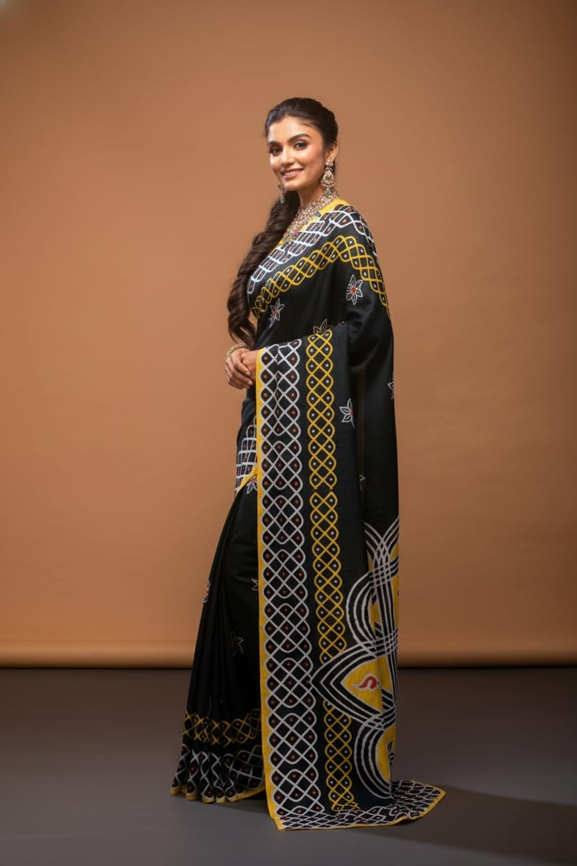 Black Kolam Beauty Satin Print Saree