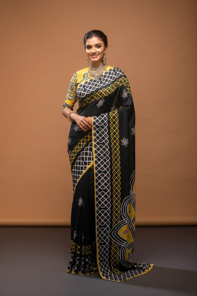 Black Kolam Beauty Satin Print Saree