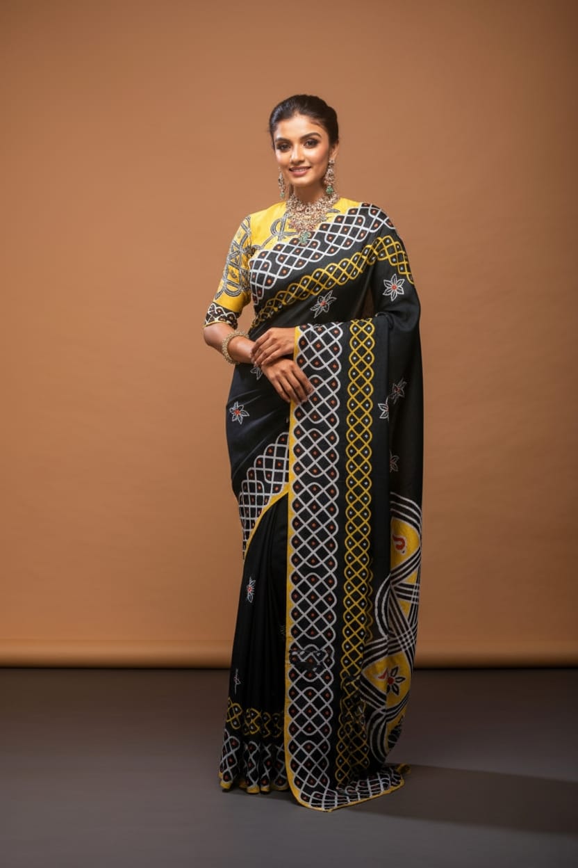 Black Kolam Beauty Satin Print Saree