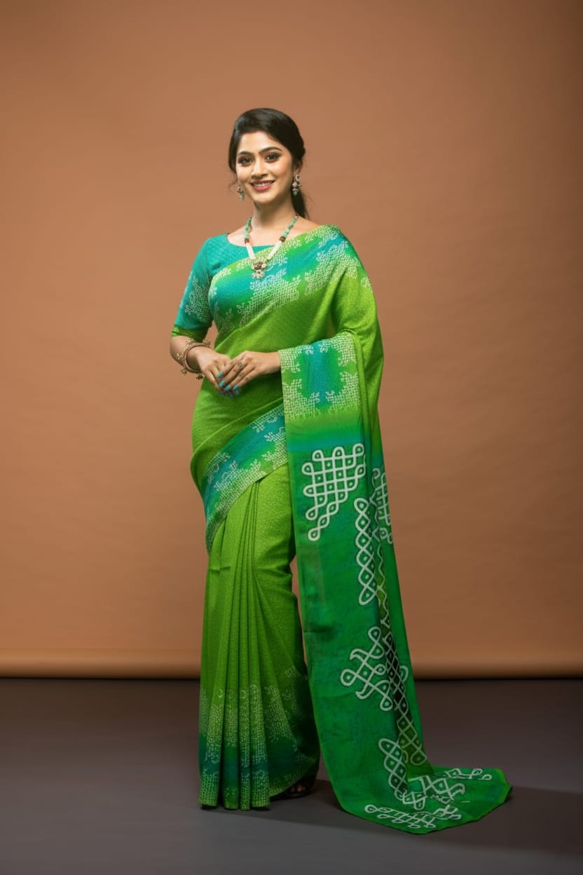 Emerald Sky Satin Print Saree