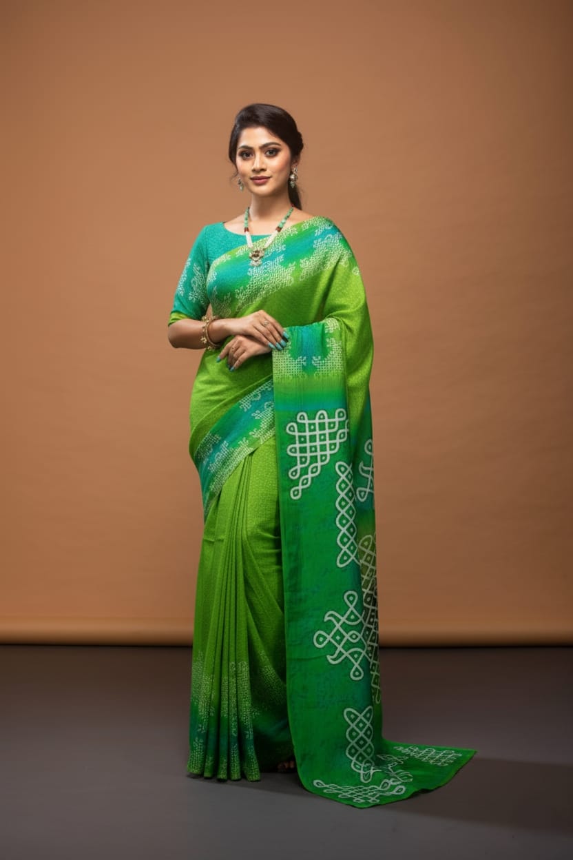 Emerald Sky Satin Print Saree