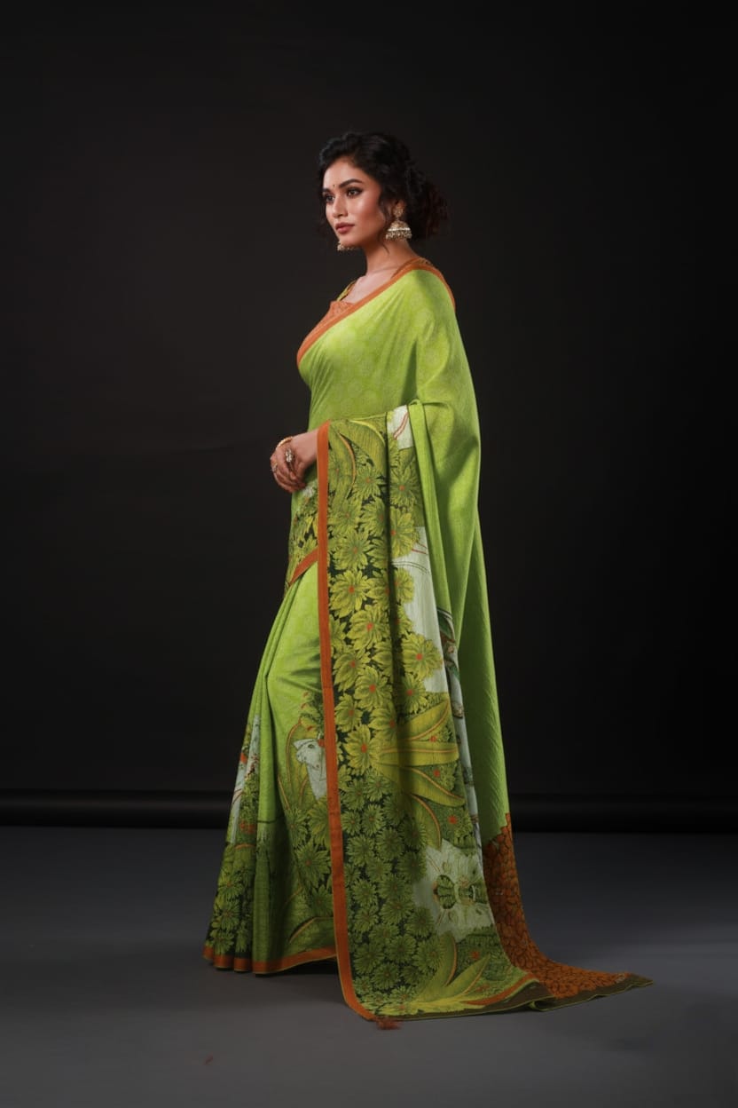 Green Nature Artwork Satin Print Saree