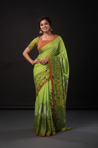 Green Nature Artwork Satin Print Saree