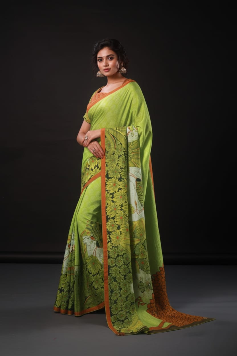 Green Nature Artwork Satin Print Saree