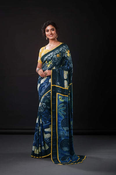 Lord Krishna Artwork Satin Print Saree