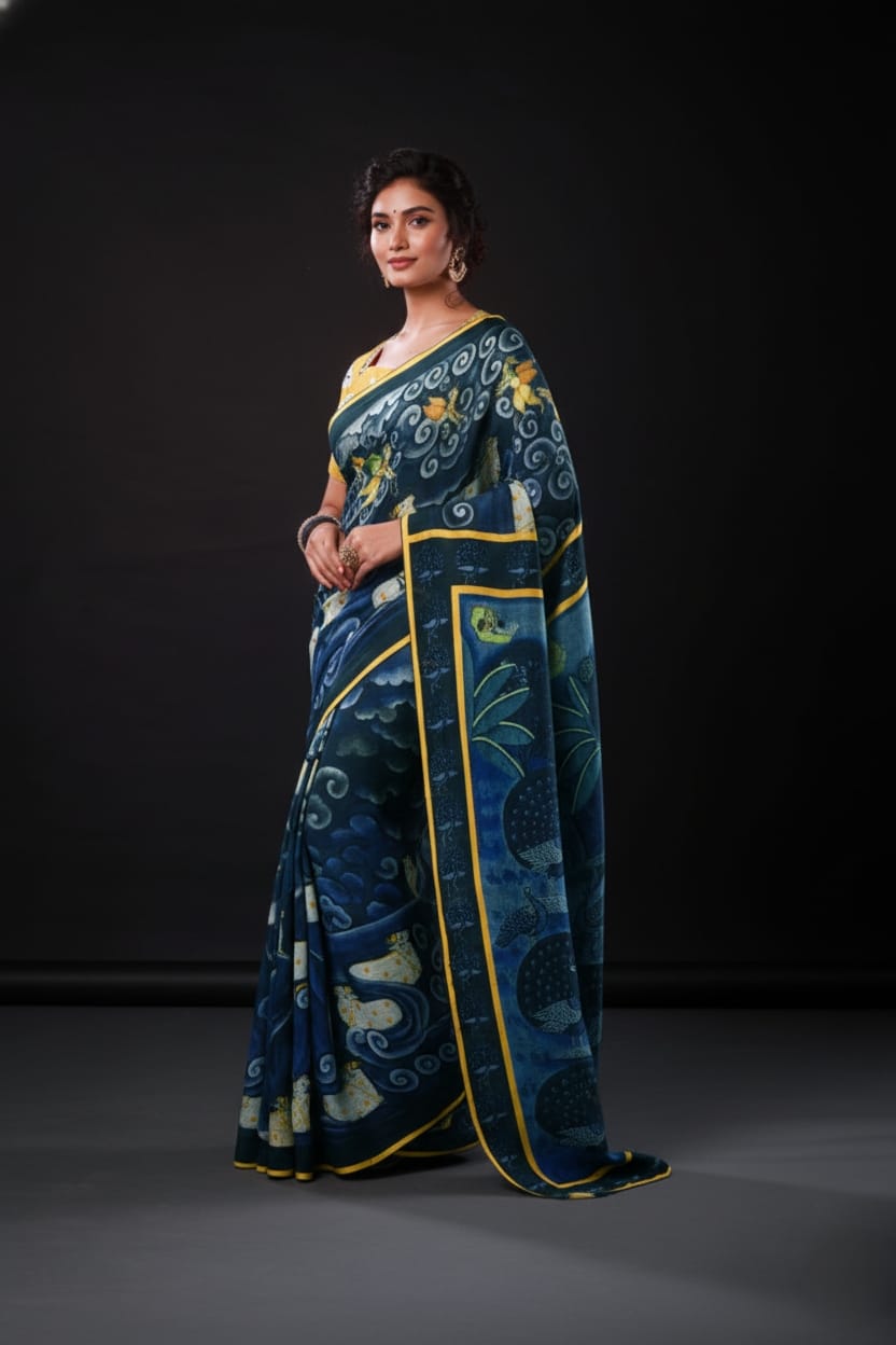 Lord Krishna Artwork Satin Print Saree