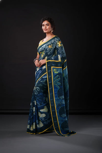 Lord Krishna Artwork Satin Print Saree