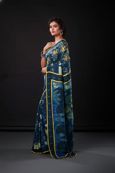 Lord Krishna Artwork Satin Print Saree