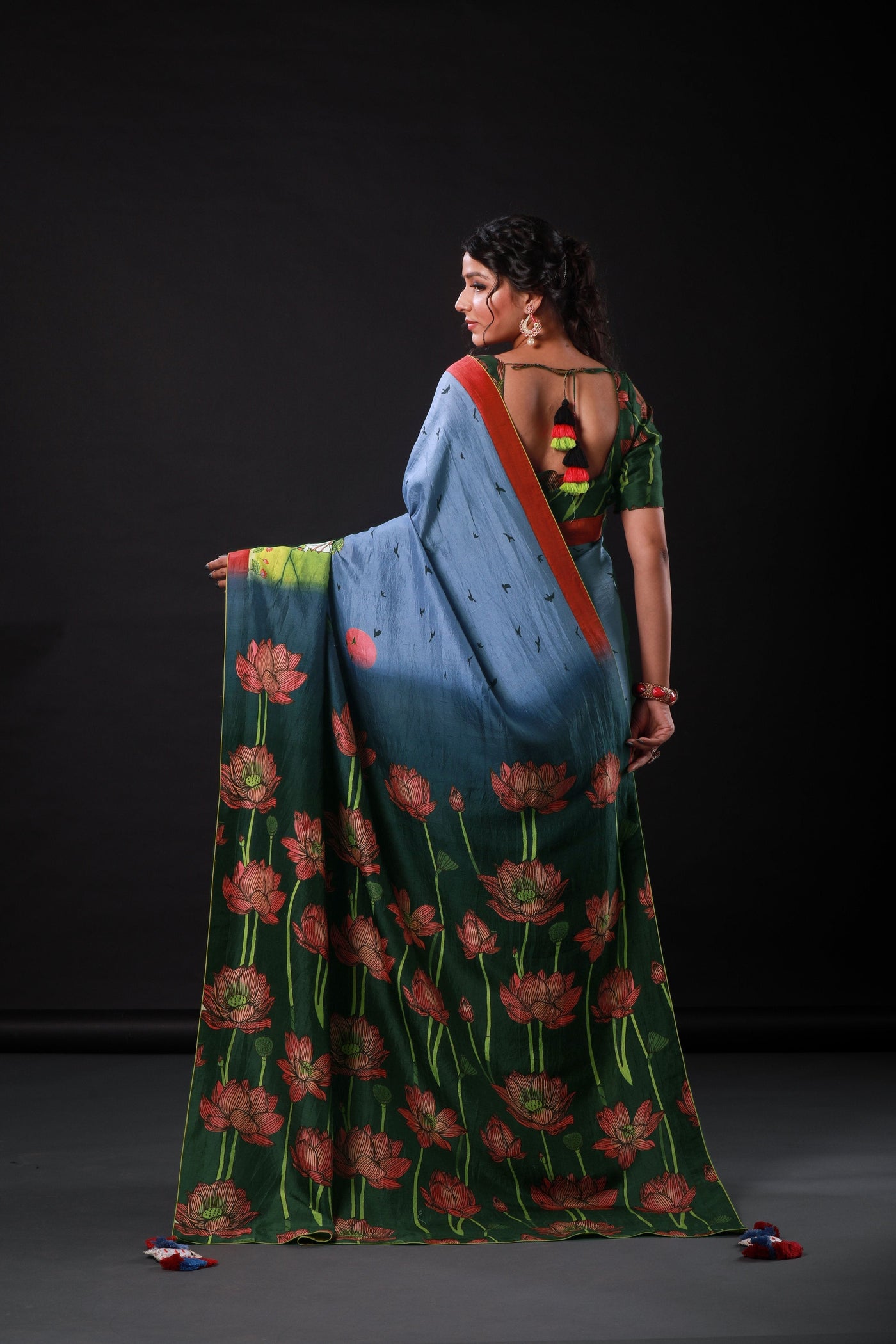 Inspired Lotus Artwork Satin Print Saree