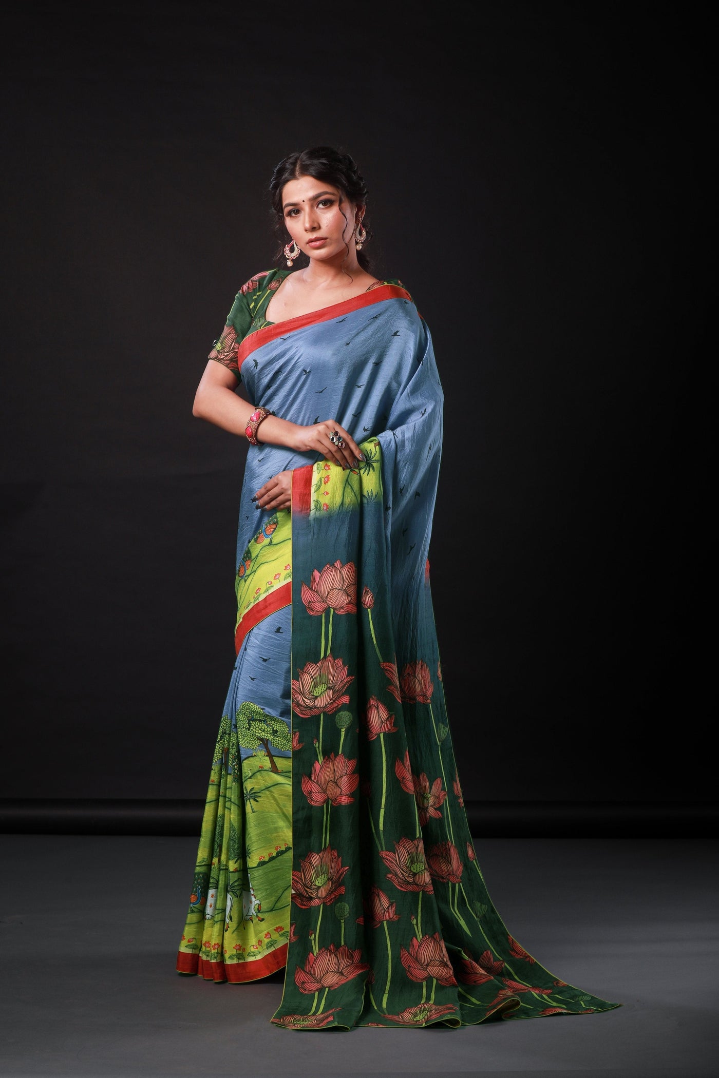 Inspired Lotus Artwork Satin Print Saree