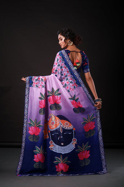 Lavender Floral Artwork Satin Print Saree
