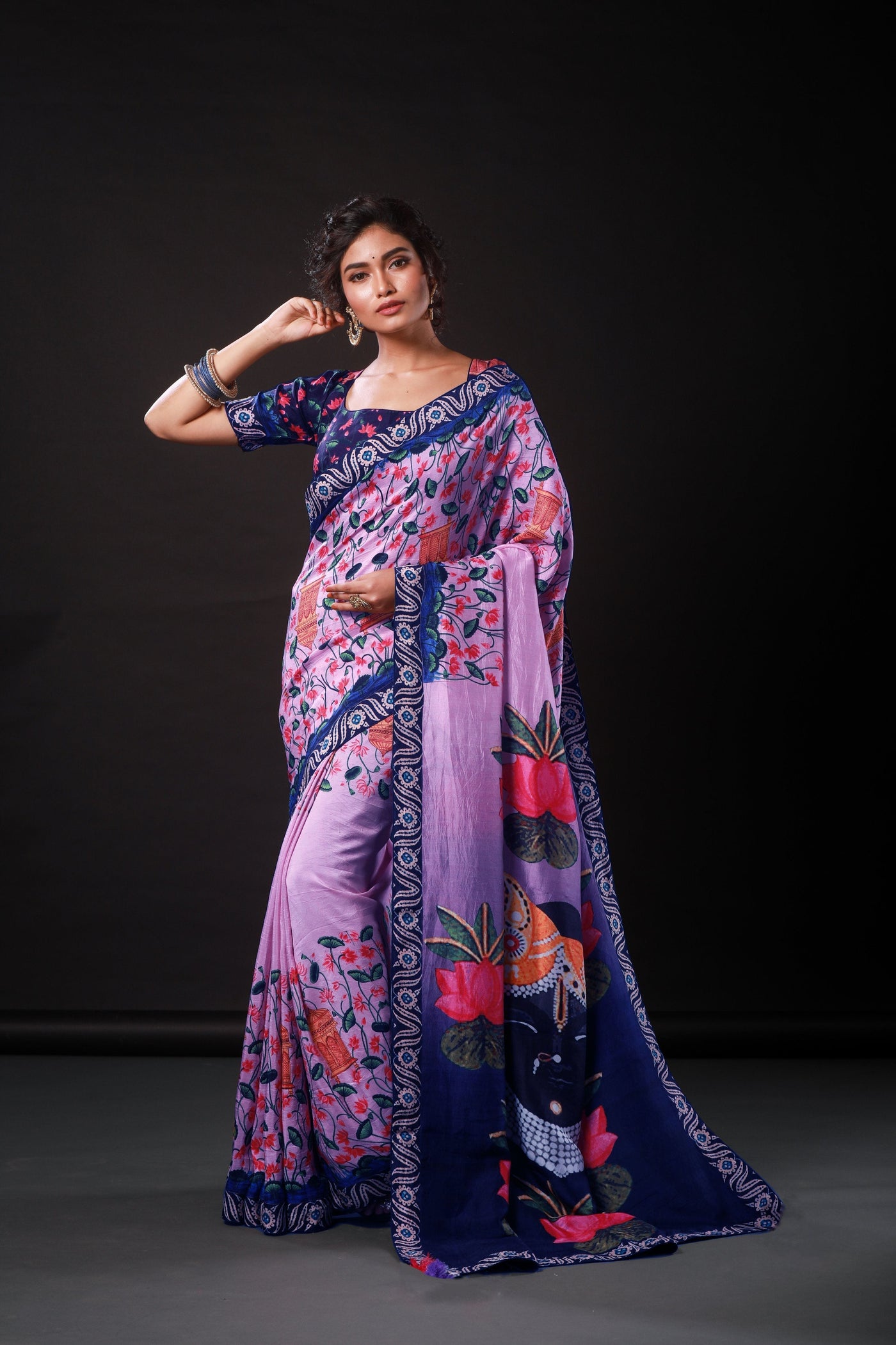 Lavender Floral Artwork Satin Print Saree