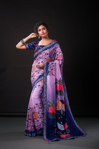 Lavender Floral Artwork Satin Print Saree