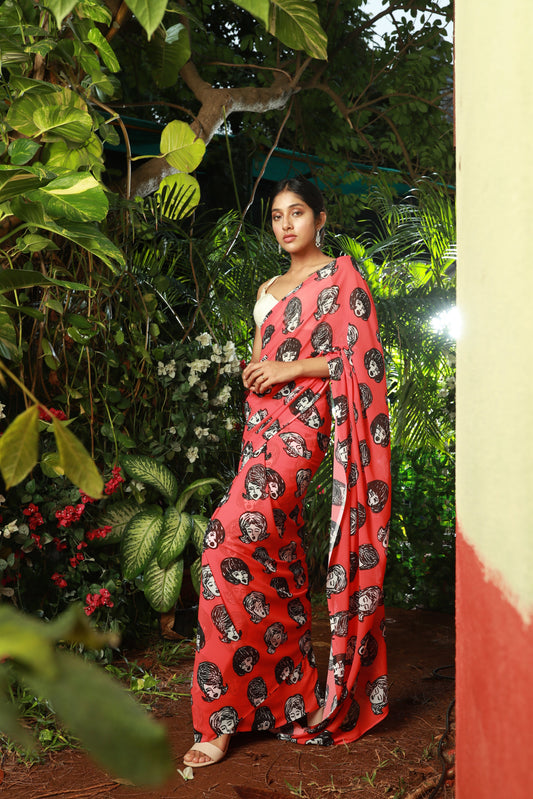 Retro Red Georgette Print Saree