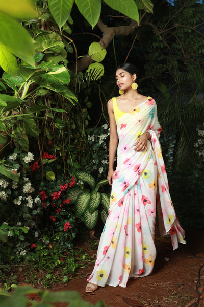 Lined Florals Georgette Print Saree