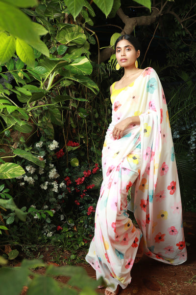 Lined Florals Georgette Print Saree