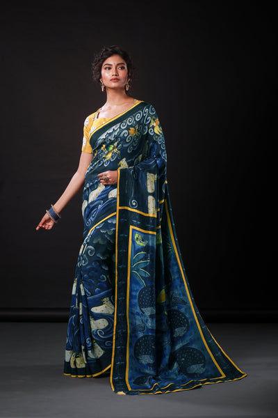 Lord Krishna Artwork Satin Print Saree