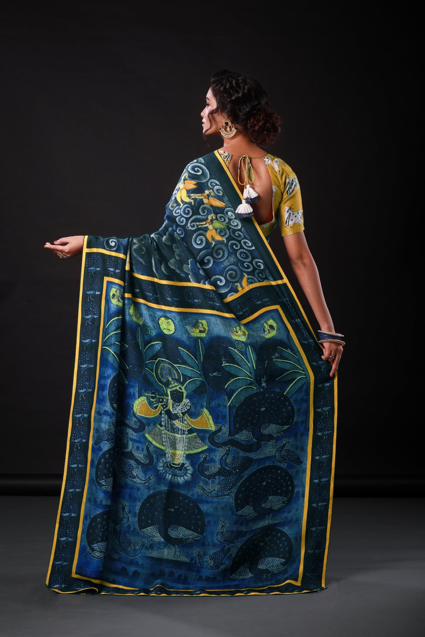 Lord Krishna Artwork Satin Print Saree