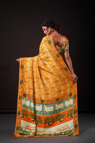 Elegant Orange Artwork Satin Print Saree