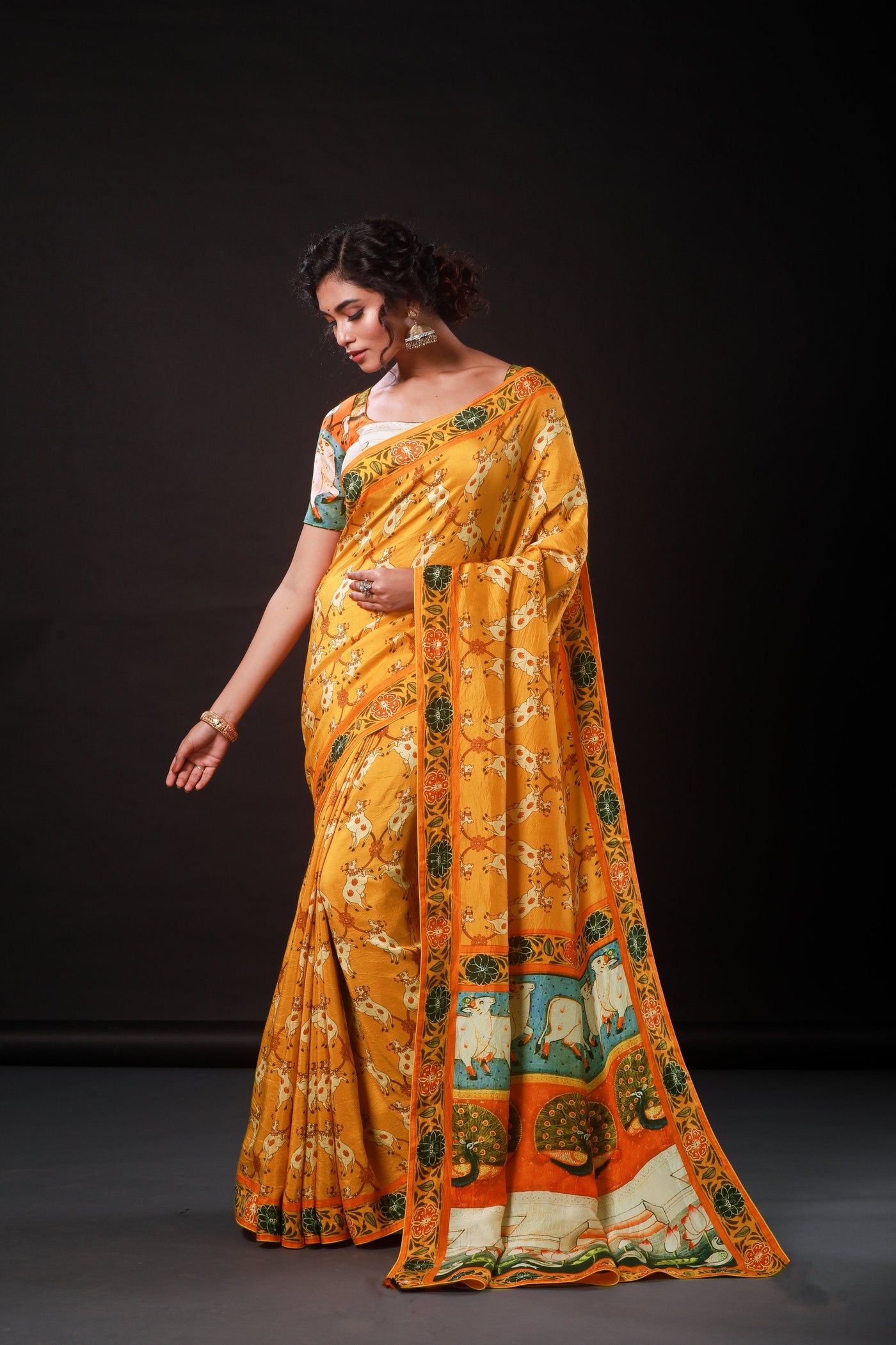 Elegant Orange Artwork Satin Print Saree