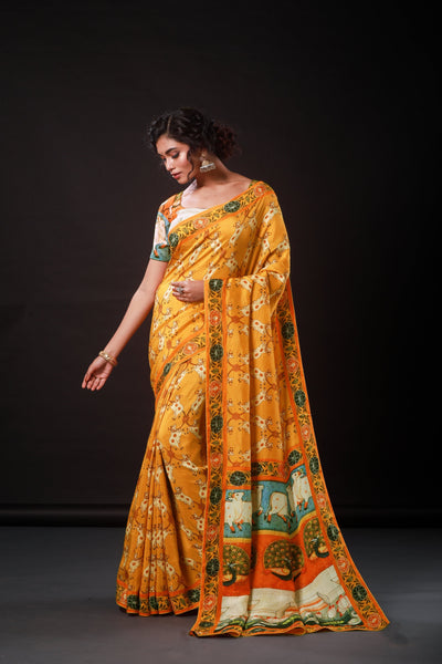 Elegant Orange Artwork Satin Print Saree