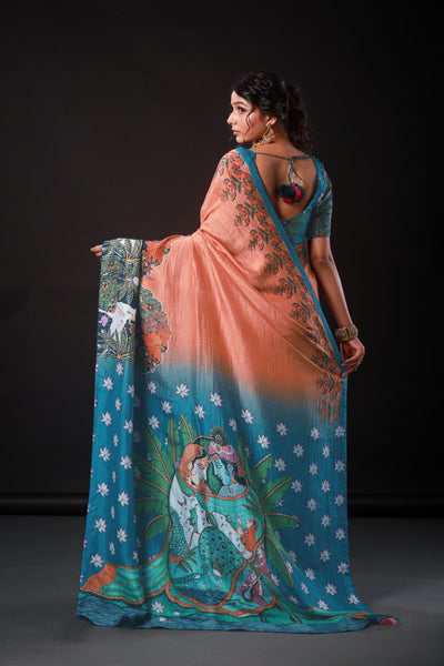 Nature and Lord Orange Artwork Satin Print Saree