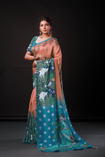 Nature and Lord Orange Artwork Satin Print Saree