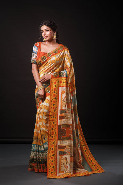 Monumental Orange Artwork Satin Print Saree